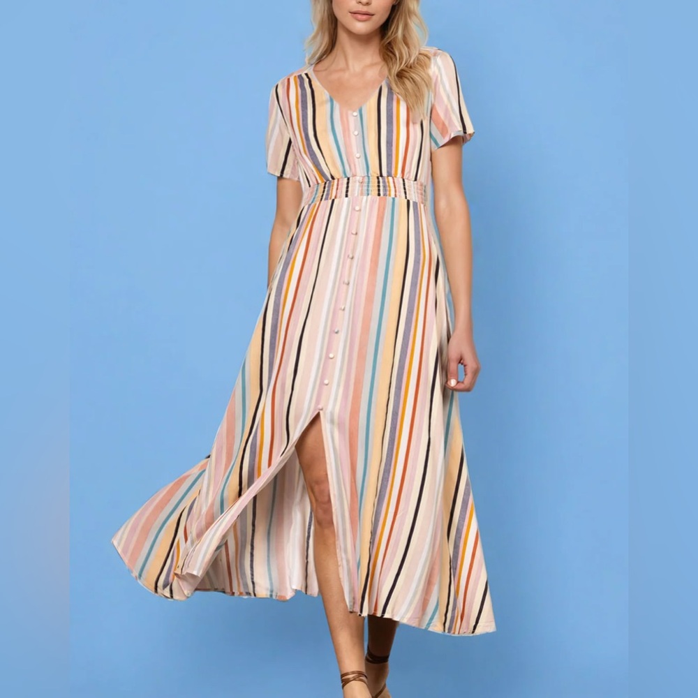 Multicolor Striped V-Neck Maxi Dress | Size Large